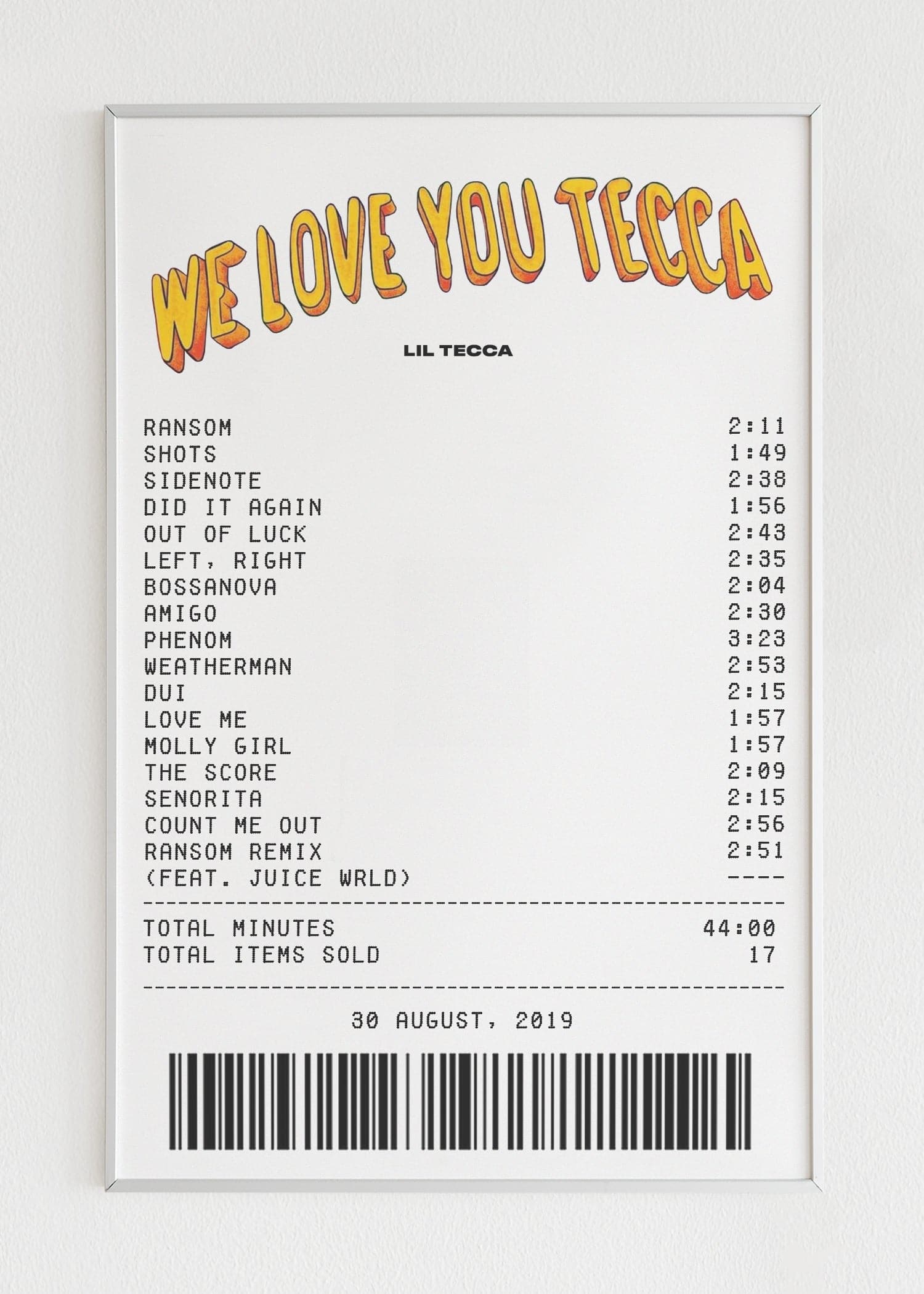 We Love You Tecca Receipt Poster