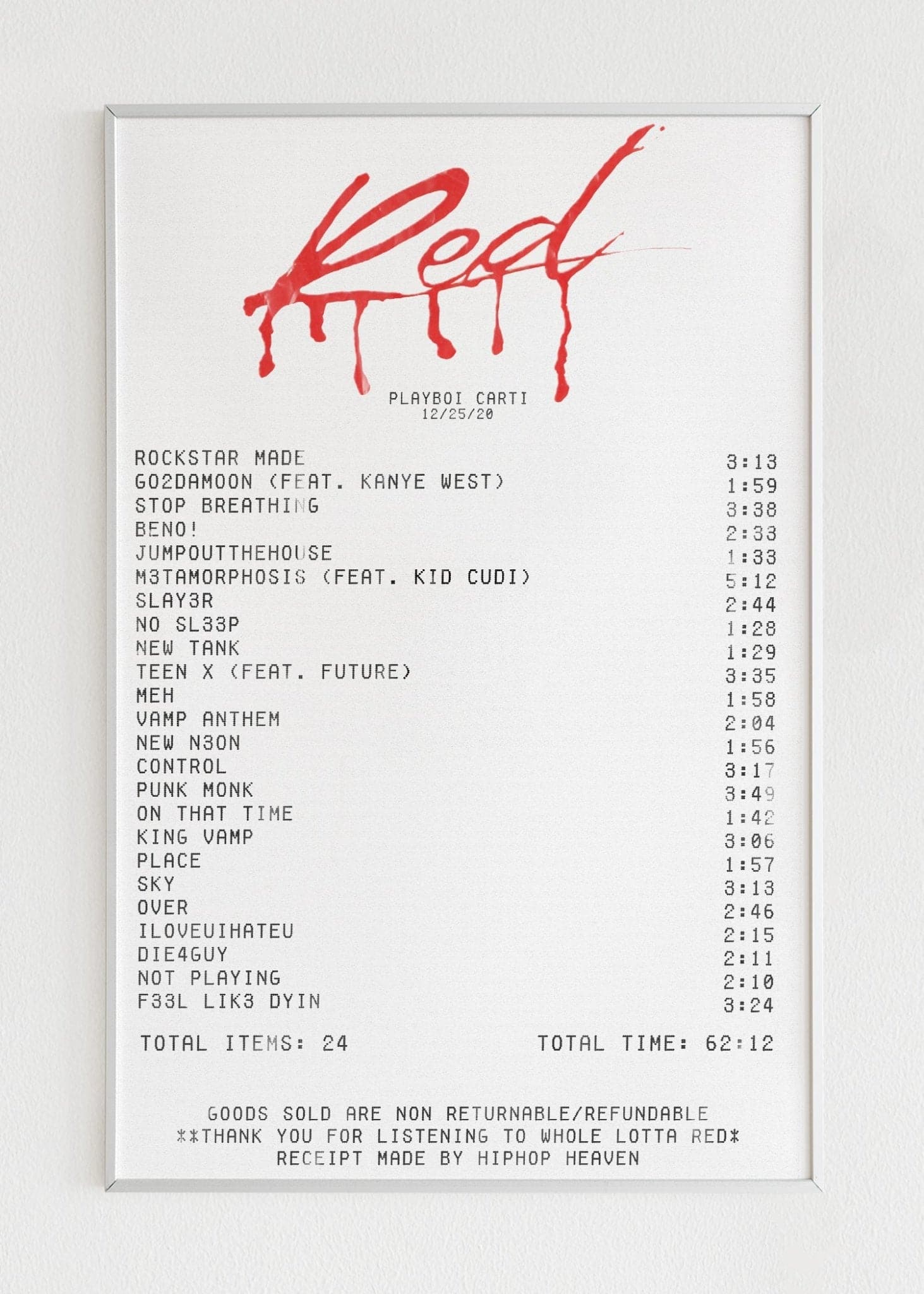 Whole Lotta Red Receipt Poster